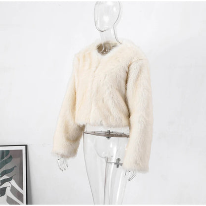 Round Neck Long Sleeve Faux Fur Coat