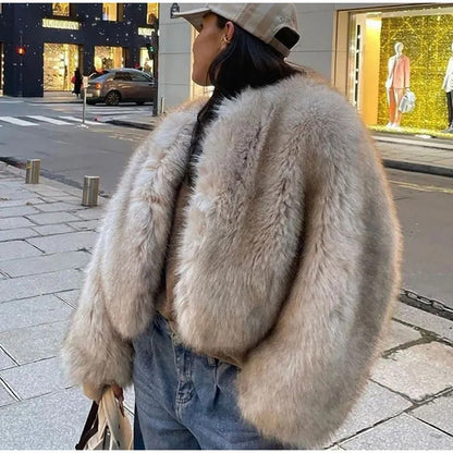 Round Neck Long Sleeve Faux Fur Coat